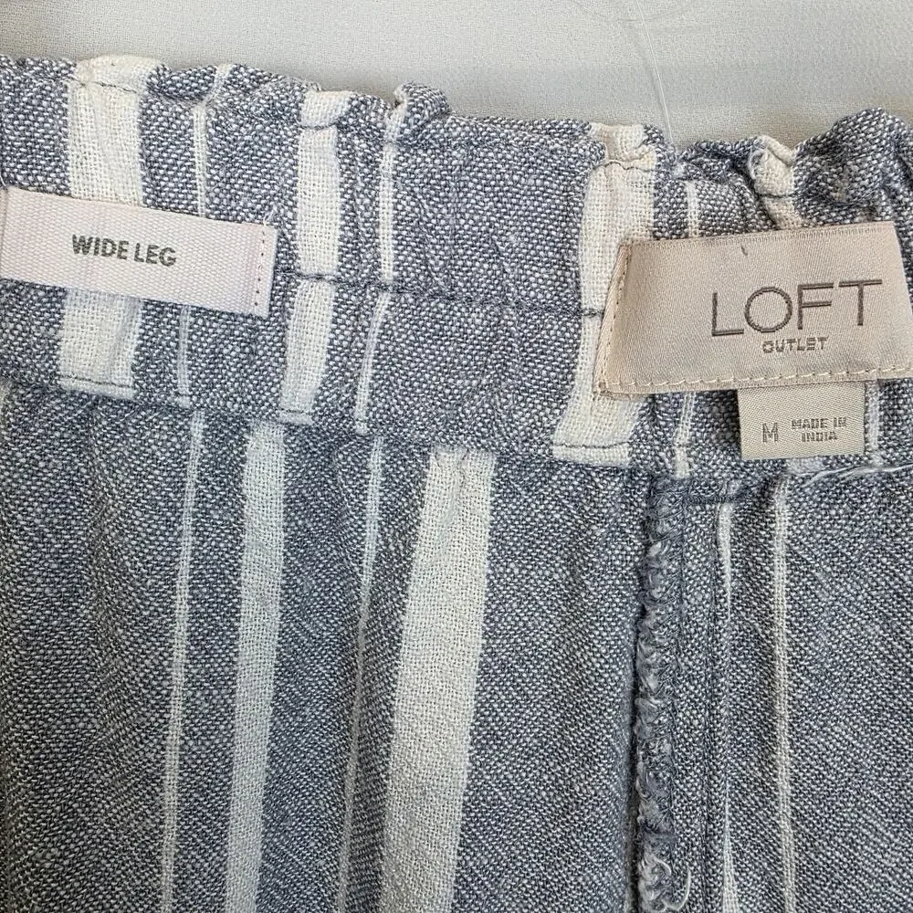 Loft Wide Leg Linen Pants Women M Gray White Striped Slash Pockets Tie Waist - Picture 9 of 11